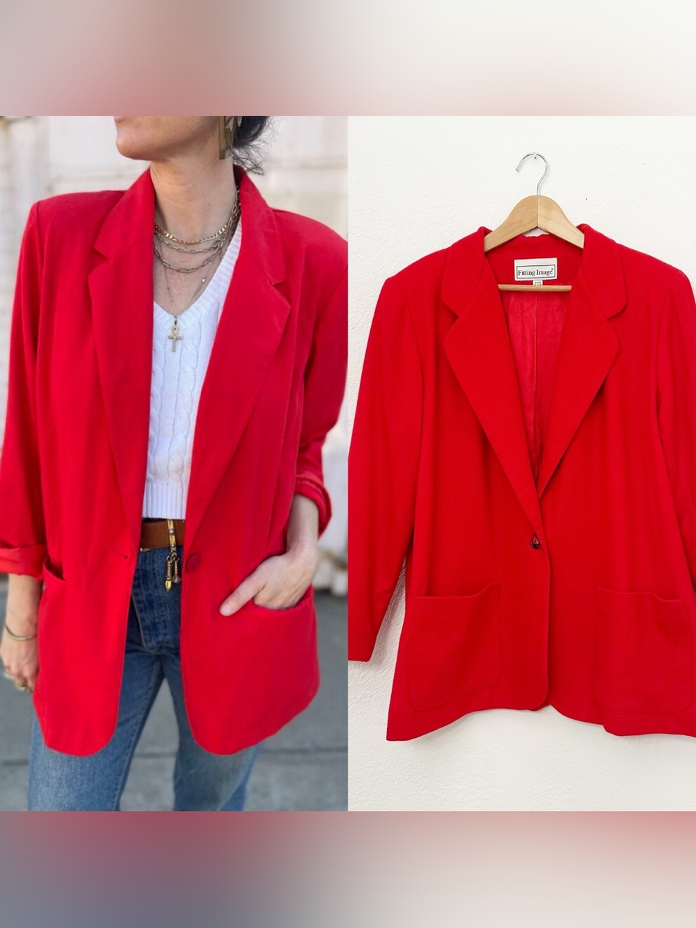 Vintage 80s ILGWU Union Made 100% Wool Red Blazer - Fitting Image